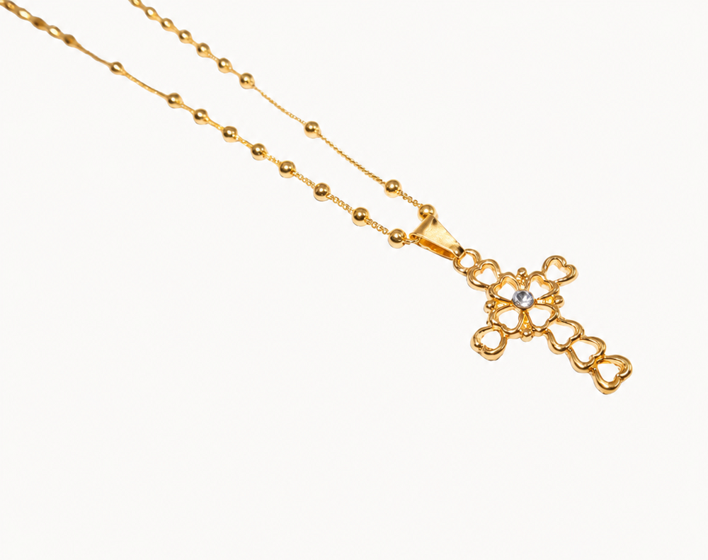 Stacked Hearts Cross Necklace- 18K Gold Filled